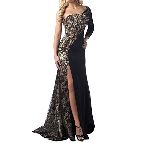 Sue&Joe Women's Prom Gowns One Shoulder Lace Long Sleeve Mermaid Slit Maxi Dress