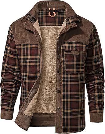 Haellun Men's Long Sleeve Sherpa Lined Shirt Jacket Flannel Plaid Fleece Coats