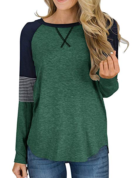 Hilltichu Women's Color Block Round Neck Tunic Tops Casual Long Sleeve Shirt Blouse