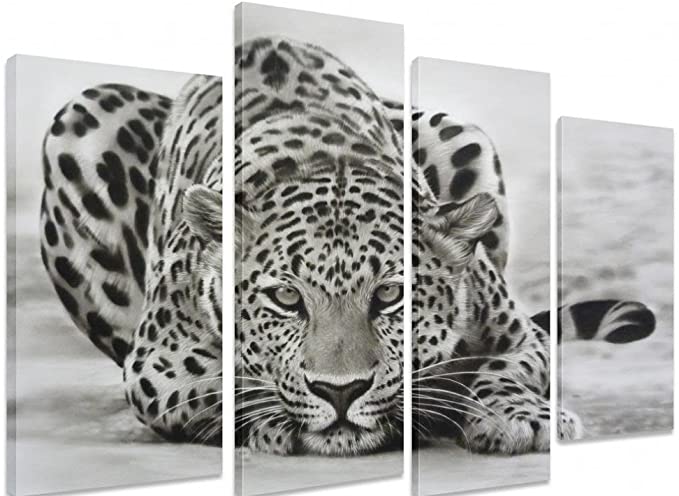 Art_Depot_Outlet PICTURE - Multi Split Panel Canvas Artwork Art - Leopard Ready To Pounce Attack Animal Black And White 4 Panel - 101cm x 71cm (40"x28")
