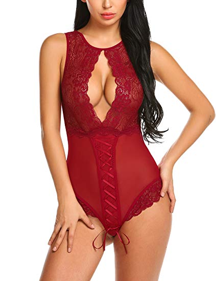 ELOVER Teddy Lingerie for Women Deep V Halter One Piece Babydoll Lace Bodysuit Romper