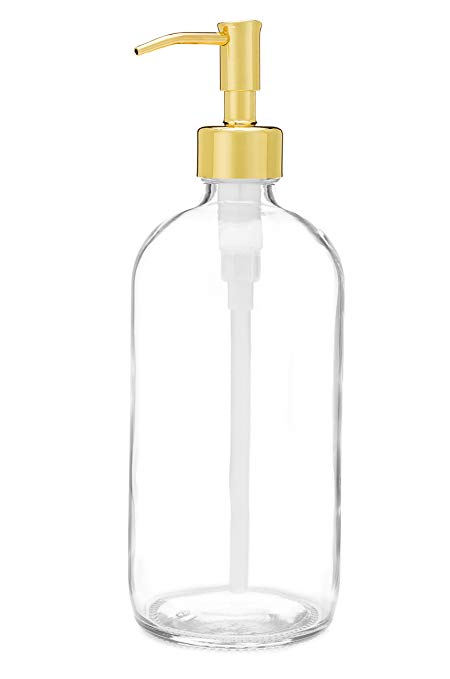Rail19 Market Clear Glass Soap Dispenser with Metal Soap Pump for Kitchens and Baths - Great for Liquid Hand Soap and Lotion (Gold)