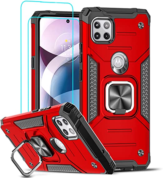 LeYi for Motorola One 5G Ace Case [Not for Moto One 5G], Moto one 5G Ace Case with 2 Tempered Glass Screen Protector, [Military-Grade] Phone Case with Ring Kickstand for Moto One 5G Ace, Red