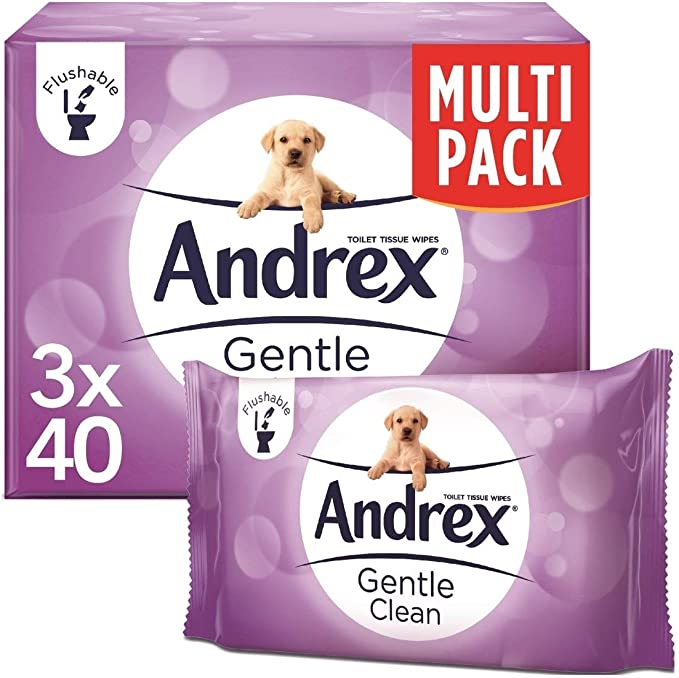 Andrex Gentle Clean Flushable Washlets, Fragrance Free, 3 X 40 wipes
