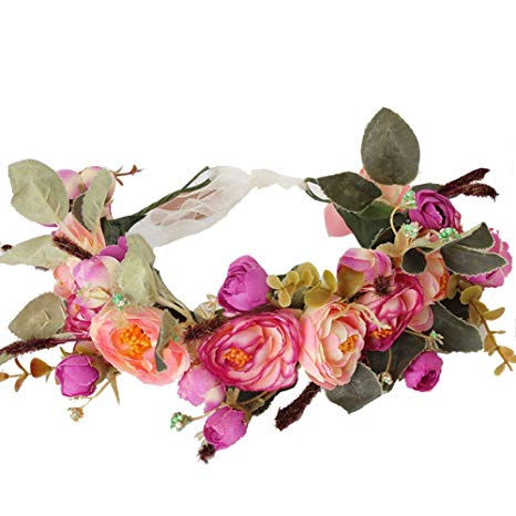 Meiliy Flower Headband Natural Berries Reeds Flower Garland Crown Hair Wreath with Adjustable Ribbon for Wedding Festivals, Purple