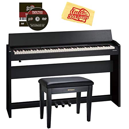 Roland F-140R Digital Piano - Contemporary Black Bundle with Roland RPB-100 Bench, Austin Bazaar Instructional DVD, and Polishing Cloth