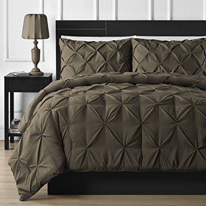 Double Needle Durable Stitching Comfy Bedding 3-piece Pinch Pleat Comforter Set All Season Pintuck Style (King, Chocolate)