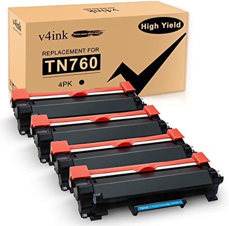 V4INK 4 Pack New Compatible Toner Cartridge Replacement for  Brother TN760 TN 760 TN730 for Brother DCP-L2550DW HL-L2350DW HL-L2390DW HL-L2395DW HL-L2370DW MFC-L2710DW MFC-L2730DW MFC-L2750DW (IC CHIP Included)
