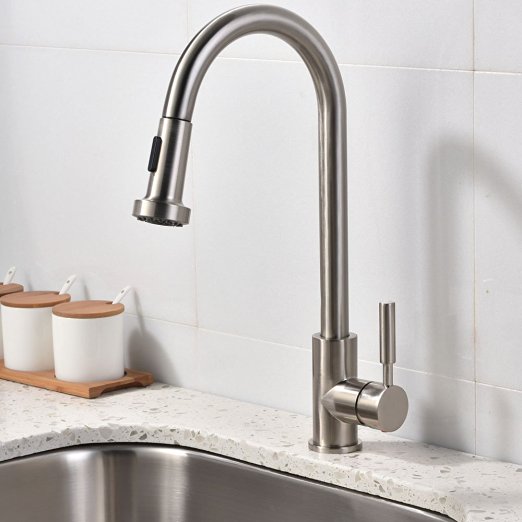 Modern Commercial Stainless Steel Single Handle Pull Down Kitchen Sink Faucet, Brushed Nickel High arch Kitchen Faucets