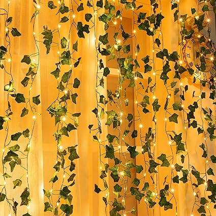 Brizled Ivy Curtain Lights 8 Modes 12 Drops Fake Plants Leaves Hanging Window Light Plugin 192 LED Vine Curtain Lights Waterproof for Wedding Party Patio Fence Wall Indoor Outdoor Decor(5FT x 4FT)