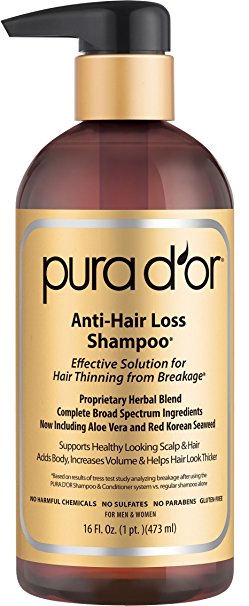 PURA D'OR Anti-Hair Loss Shampoo (Gold Label), Effective Solution for Hair Thinning & Breakage, NEW & IMPROVED PUMPS, 16 Fluid Ounce (Packaging May Vary)