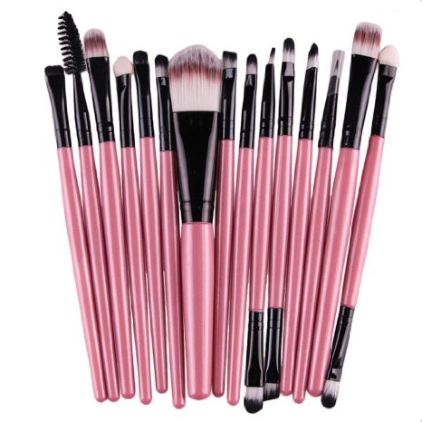 Voberry® 15 Pcs Pro Makeup Set Powder Foundation Eyeshadow Eyeliner Lip Cosmetic Brushes (Pink)