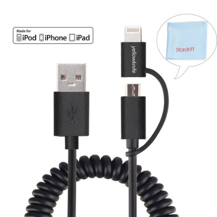 [Apple MFi Certified] Yellowknife 3.3ft Spring Coiled 2 in 1 Lightning Cable with Micro USB Connector Sync and Charge Cord for iPhone 6 / 6S / 6 Plus / 5S / 5C / 5, iPad, iPod and Android Phones Black