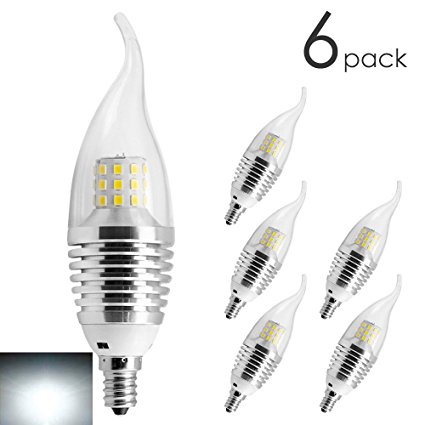 RCLITE 6pcs LED Candelabra Base(E-12 ) Bulb 7W Cool White Flame Tip LED Candle Bulbs 60 Watt Incandescent Bulb Equinalent, 550lm LED Lights Non-dimmable Chandelier Lamp--12 Month Warranty