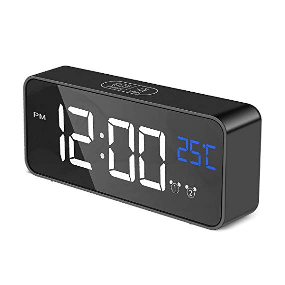 Aitsite LED Digital Alarm Clock Mirror Alarm Clock with Temperature Led Display, Snooze Time, 4 Adjustable Brightness, One USB Charging Ports, 12/24H, 13 Optional Alarm Sounds for Bedroom, Office