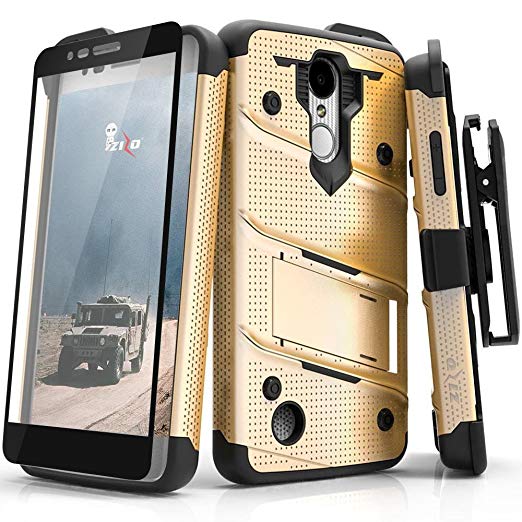 Zizo Bolt Series compatilbe with LG Aristo Case Military Grade Drop Tested with Tempered Glass Screen Protector Holster LG Fortune Gold Black