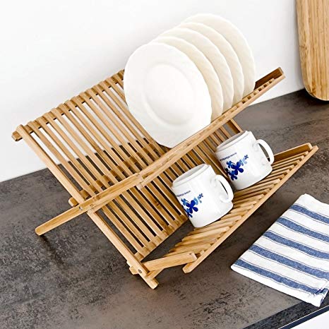 Dish Rack, 42 x 35 cm, Bamboo Two-Tier Foldable Drying Rack Stand Holder Plates Cups Organiser Folding