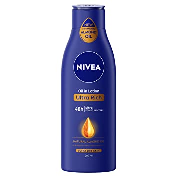 Nivea Body Lotion for Extremely Dry Skin, Oil in Lotion Ultra Rich, With Natural Almond Oil & Vitamin E, 48h Moisture Care, 200 ml