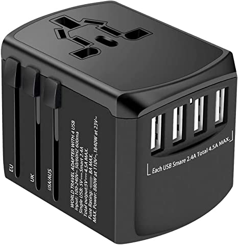 Travel Plug Adapter Universal International AC Socket Charger with 4 USB 4.5A for UK USA EU AU China Japan 224  Countries Worldwide (Black)