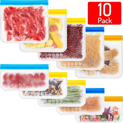 Reusable Storage Bags For Food - 10 Pack Ziplock Freezer Safe Bags | 5 Reusable Snack Bags   5 Reusable Sandwich Bags | Leakproof Non Plastic/Silicone Lunch Bags For Kids FDA Grade BPA FREE