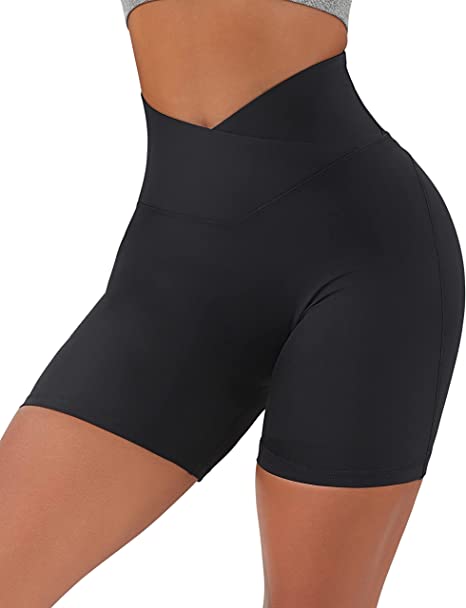 MOSHENGQI Womens Cross Waist Biker Shorts Butt Lifting Workout High Waisted Running Yoga Shorts with Inner Pocket