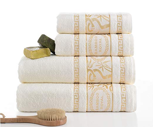 ixirhome Turkish Bamboo Towel Set,p Bamboo0 Turkish Cotton, 2 Bath Towels and 2 Hand Towels - Natural, Ultra Absorbent and Ultra Soft (Gift Set of 4) (Light Cream)