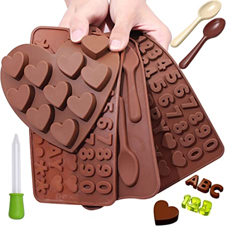 Chocolate Candy Silicone Mold Trays   Recipes eBook - Nonstick, BPA-Free - Make Chocolate Shapes, Gummy Candies, Hard Candy and Ice (ABC's, Numbers, Spoons and Hearts - 4 Trays)