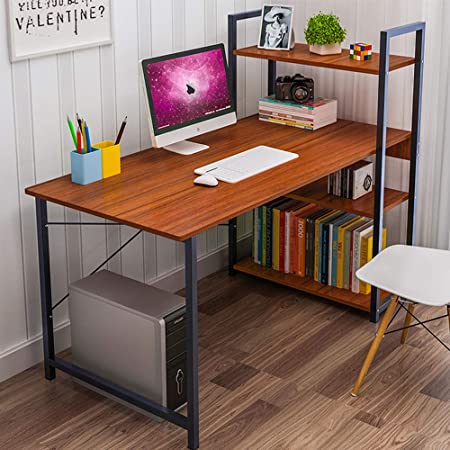 Lovinouse Computer Desk with 4 Tier Shelves, 47.5 Inch Writing Study Table with Reversible Bookshelves, Office Steel X Frame Modern Tower PC Tables (47.5 x 24 Inch, Brown)