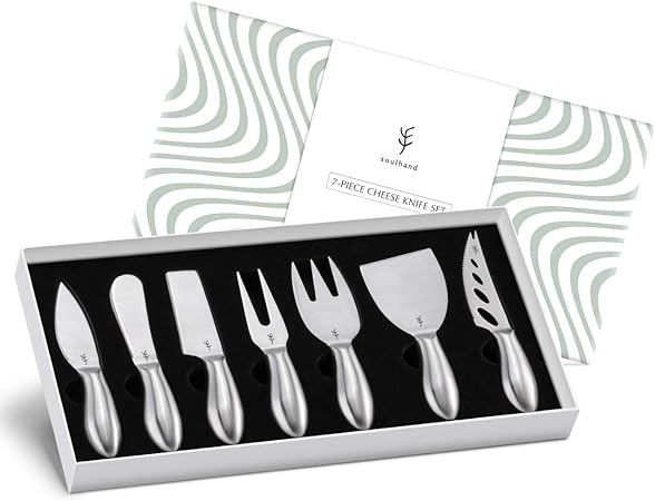 7-teiliges Käsemesser Set - Klein Käsemesser aus Edelstahl, Käsestreicher, KäseGabeln für Hart-, Weich- und Cremekäse, essentielles Mini Käsemesser-Set mit kurzem Griff und Geschenkbox