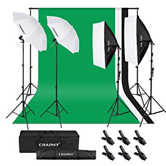 CRAPHY Photography Studio Lighting Kit - 800W 5500K Umbrellas Soft Box Continuous Lights Equipment   Backdrop Support System (8.5x10FT Background Stand   6x9FT Muslin Backdrop Black/White/Green)