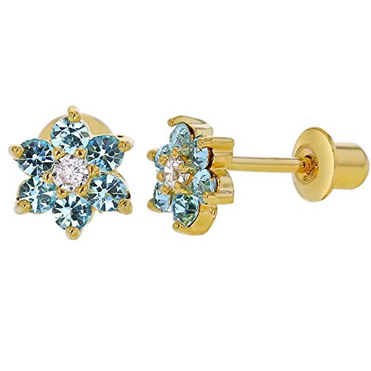 18k Gold Plated Light Blue Crystal Flower Screw Back Earrings for Babies Kids