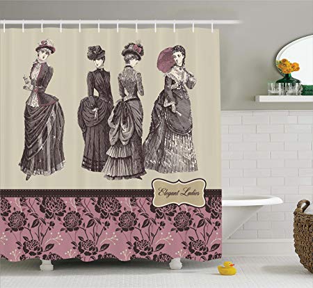 Ambesonne Victorian Shower Curtain, Ladies Clothes Fashion History Dress Handbag Feather Gloves Floral Design Print, Fabric Bathroom Decor Set with Hooks, 84 inches Extra Long, Grey Rose