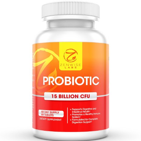 Probiotic - All Natural Supplement for Men Women and Kids - 10 Strains and 15 Billion CFU - 60 Vegetarian Tablets - Improve Mood Relieve Digestive Disorders and Promote Weight Loss - Zenwise Labs