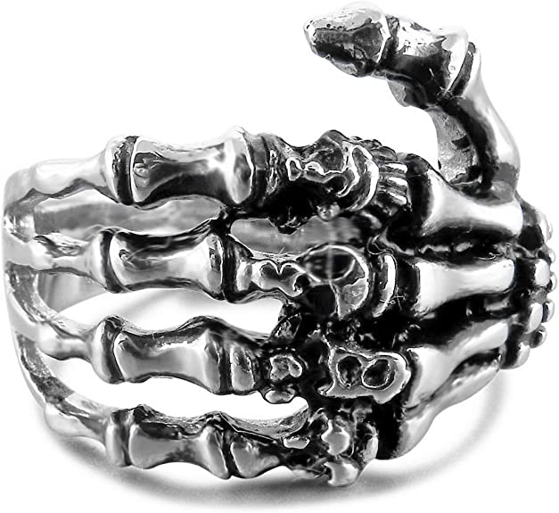 INBLUE Men's Stainless Steel Ring Band Silver Tone Black Skull Hand Bone