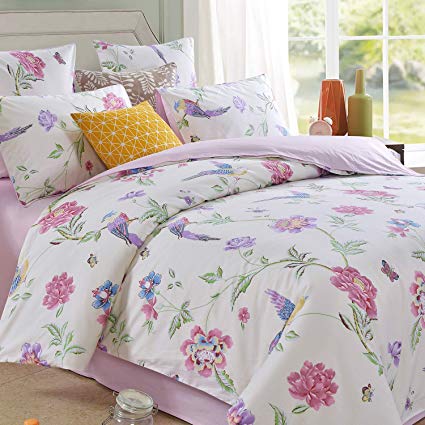 Softta Luxury Farmhouse Shabby Flower Magpie Meets Spring Pattern on White Fresh Floral Bedding Design King Size 3Pcs（1 Duvet Cover+ 2 Pillowcases 800 Thread Count 100% Cotton Duvet Cover Set