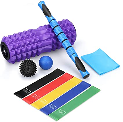 SKL 6 in 1 Foam Roller Set, Include High-Density Foam Roller,Massage Roller Stick, Spiky Massage Ball, Solid Ball & 5 Resistance Bands. Perfect for Pain & Tightness Relief Home Gym Set