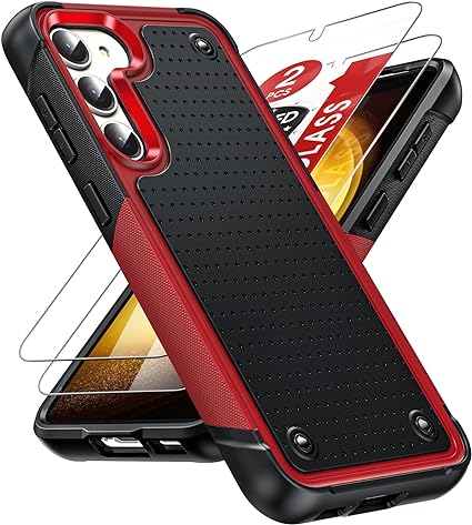 LeYi for Samsung-S23 Case: S23 Case with [2 Packs] Tempered Glass Screen Protectors, Dual Layer Protective Heavy Duty Hard PC Textured Back & Soft Bumper Case for Samsung Galaxy S23, Red