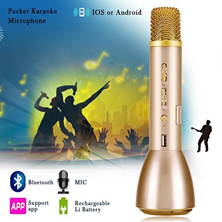 Wireless Karaoke Microphone, 3-in-1 KO88 Wireless Bluetooth Microphone Speaker, Greatever K088 Mini Karaoke Player for Home KTV,Outdoor Party,Mini KTV,Music Playing,Singing,Recording,for IOS,Android (Gold)