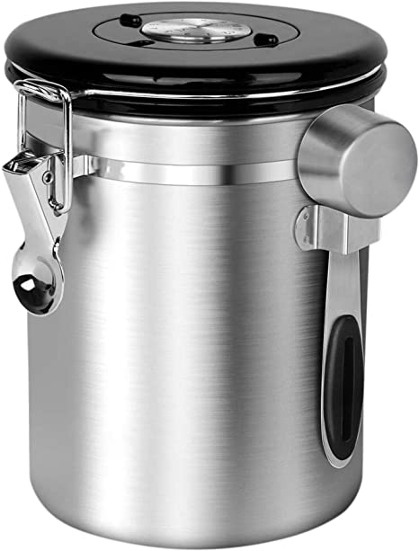 Chef's Star Stainless Steel Airtight Canister Coffee Vault with Built in CO2 Valve with Measuring Scoop, Date Tracking Wheel and Storage Container for Coffee Beans and Coffee Grounds (32 oz, Silver)