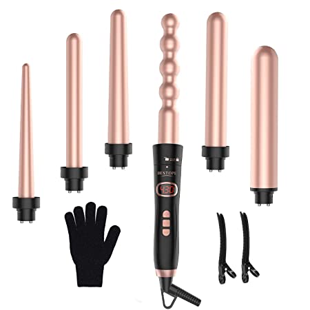 BESTOPE 6 in 1 Curling Iron Wand Set Temperature Adjustable with 6 Interchangeable Ceramic Conical Spiral Barrels 0.5'' to 1.25'' Rose Golden Hair Curlers and Heat Protective Glove