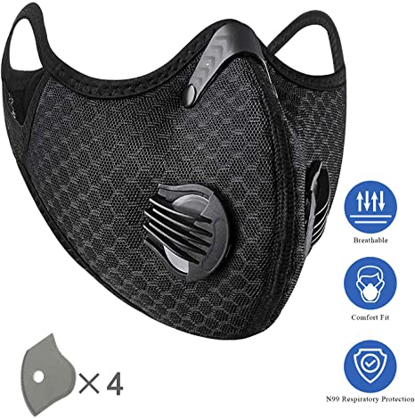 ifecco N99 Dustproof Anti Pollution Face Mask PM2.5 Activated Carbon Outdoor Sports Mask, Suitable for Men Women for Woodworking, Running, Cycling Outdoor Activities (4pcs Cotton Filter, Black)