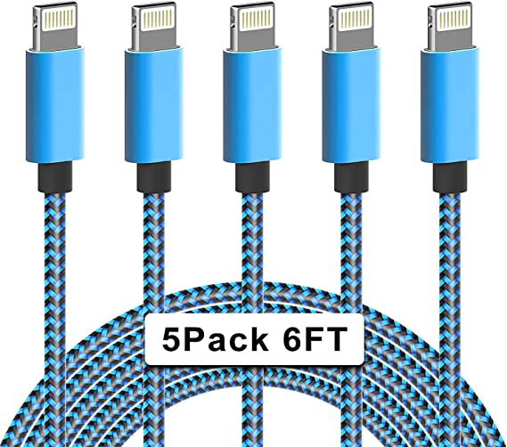 iPhone Charger Cable, PLmuzsz [Apple MFi Certified] 5 Pack (6 FT) Lightning Cable Nylon Braided Compatible iPhone11 Pro Max/Xs Max/XR/X/8Plus/7Plus/6S Plus/SE,iPad Pro/Air/Mini and More Light Blue