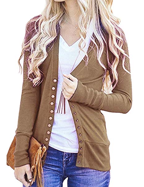 Weilim Women's V-Neck Button Down Knitwear Long Sleeve Casual Cardigans Sweater