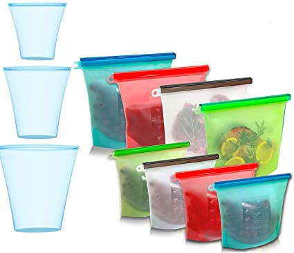 FeelGlad Reusable Food Storage Bag - 11 Pack (4 Gallon Bags & 4 Sandwich Bags & 3 Snack Bags) Extra Thick FDA BPA-Free Ziplock Leakproof Grade Freezer Bags, Liquid Bacon Fruit Snacks Bags, for Travel