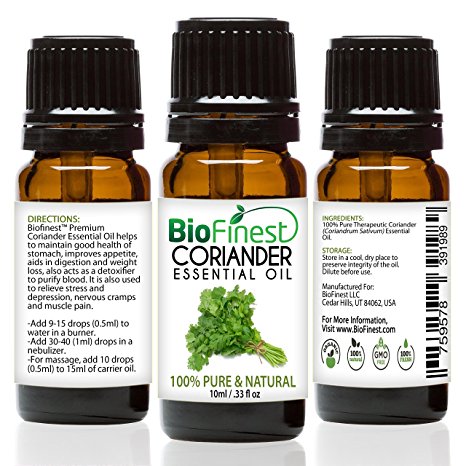 BioFinest Coriander Oil - 100% Pure Coriander Essential Oil - Premium Organic - Therapeutic Grade - Best For Aromatherapy - Food Enhancer - Promote Lower Blood Pressure - FREE E-Book (10ml)