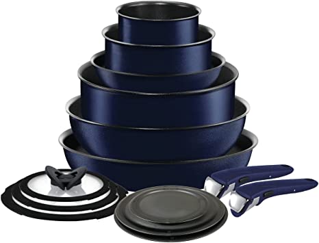 T-fal Ingenio Nonstick Cookware Set 14 Piece Induction Stackable, Removable Handle Pots and Pans, Dishwasher Safe Blue