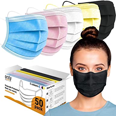 Orzly Disposable Face Masks Pack of 50 Assorted Colours for 3-ply - Breathable Mouth Covering for Adults and Kids - Colourpop Edition