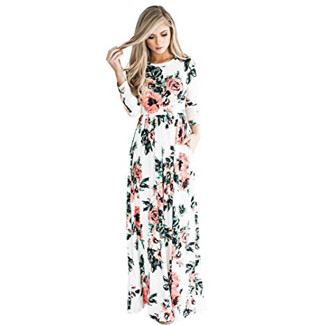 HUHHRRY Women Autumn Fashion Floral Print Casual Plain Stretch Tank Maxi Long Dress