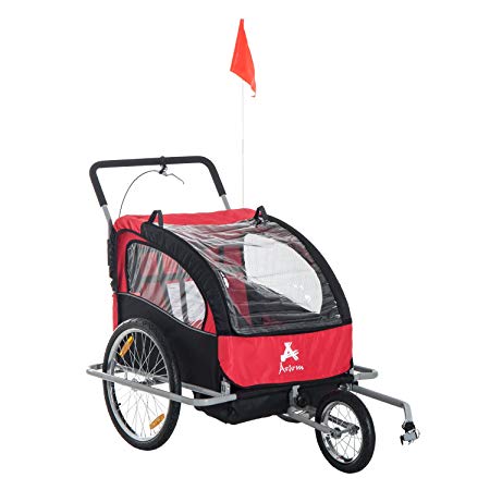 Aosom 2-in-1 Double Baby Bike Trailer Jogger Stroller (Black/Red)