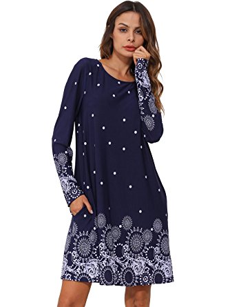 ROMWE Women's Loose Long Sleeve Floral Printed Casual Tunic Dress